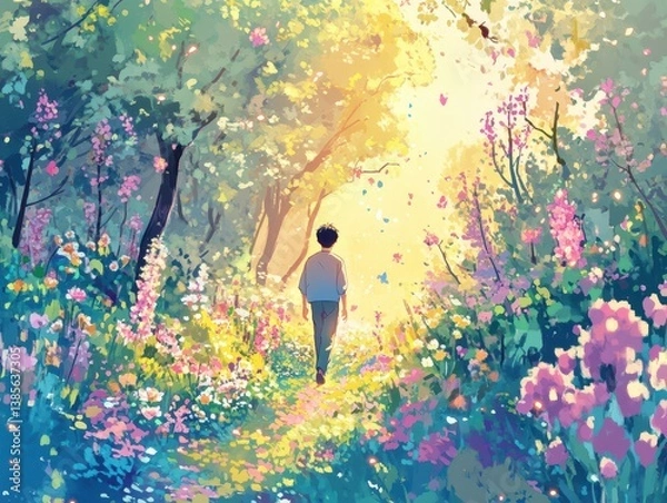 Fototapeta Anime style illustration of a young man walking down a magical forest path filled with glowing flowers and colorful trees, surrounded by warm golden light and floating petals.