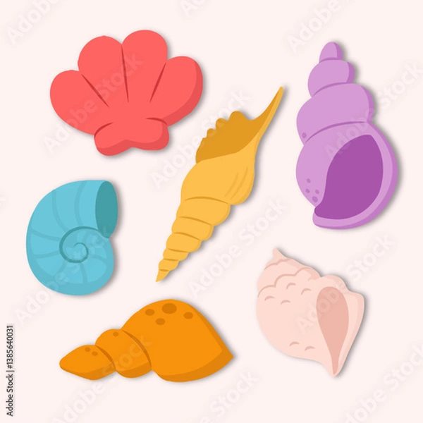 Fototapeta 可爱卡通夏天五个海螺贝壳