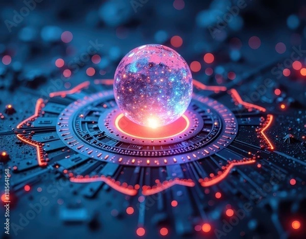 Fototapeta Glowing AI circuits spiraling around an abstract crystal mind core Generative AI