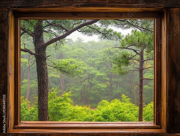Fototapeta Misty Forest View Through Wooden Frame