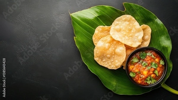 Obraz A vibrant dish featuring crispy snacks on a green leaf, accompanied by a flavorful, colorful dip.