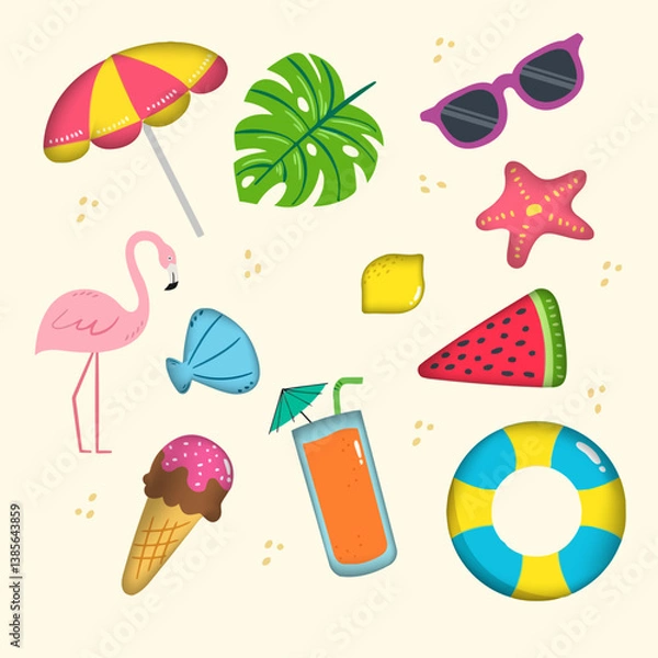 Fototapeta 可爱卡通夏天沙滩火烈鸟太阳伞雪糕贝壳