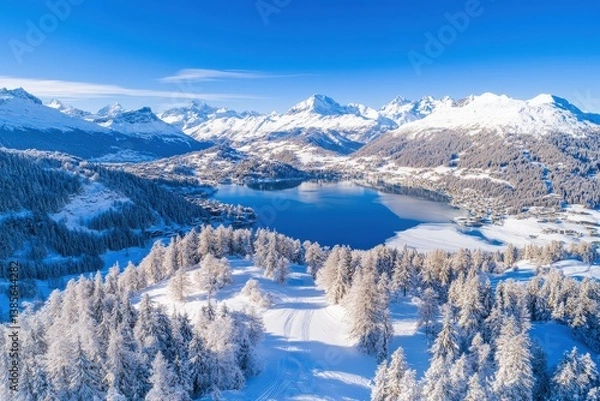 Obraz A stunning snowy landscape featuring a lake surrounded by mountains and evergreen trees under a clear blue sky.