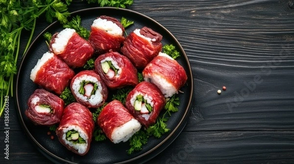 Obraz A beautifully arranged plate of sushi rolls wrapped in beef, garnished with fresh herbs, showcasing a fusion of flavors and textures.