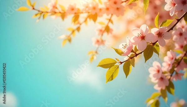 Obraz A spring-inspired background with cherry blossoms and fresh green leaves falling gently against a sky-blue background