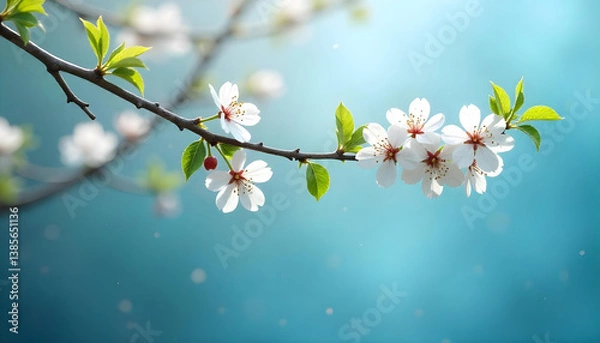 Obraz A spring-inspired background with cherry blossoms and fresh green leaves falling gently against a sky-blue background