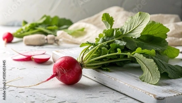 Fototapeta Fresh Radish on White Table Background in 4K Detail V2