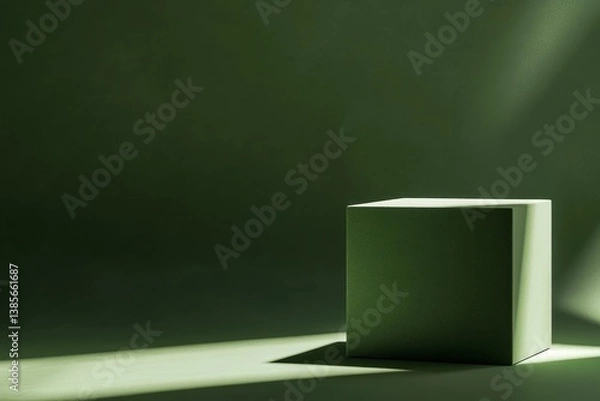 Fototapeta Empty green cube podium, studio backdrop, sunlight rays, product presentation