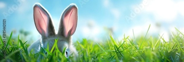 Fototapeta A funny Easter bunny with long ears sitting in the grass
