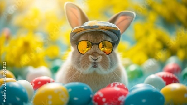 Fototapeta funny Easter bunny with sunglasses and cap sits in the grass with colourful Easter eggs