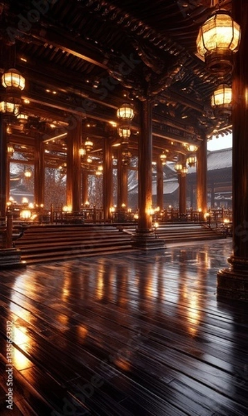 Obraz A beautifully illuminated wooden interior featuring ornate lanterns and polished floors, creating a warm and inviting atmosphere.