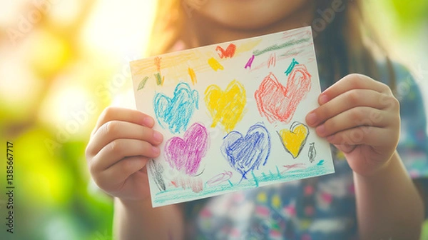Fototapeta Child holding a colorful handmade card with hearts, symbolizing love, gratitude, and emotional expression, especially for caregivers and healthcare workers.