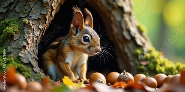 Fototapeta A curious squirrel hiding in a hollow tree with acorns around it, leaves, nature