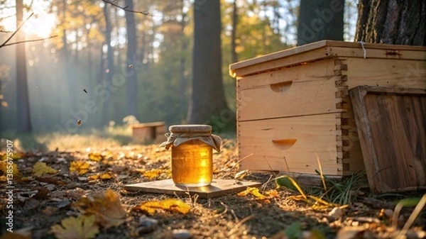 Fototapeta Golden Honey Jar in Sunlit Autumn Forest – Rustic Still Life V1