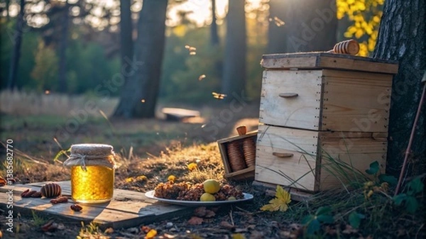Fototapeta Golden Honey Jar in Sunlit Autumn Forest – Rustic Still Life V2