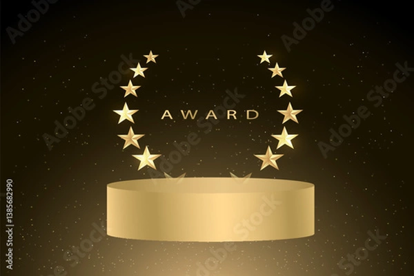 Fototapeta Gold or yellow award podium with light laurel wreath on a black background. Set of various golden and luxurious laurel wreaths. 3D realistic vector illustration. Eps 10