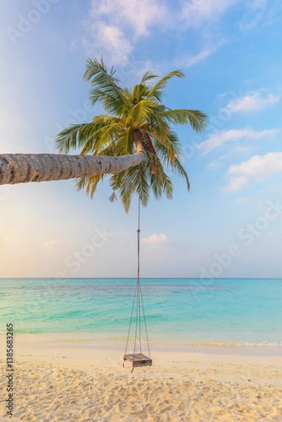 Obraz Swing on a palm tree on the ocean shore