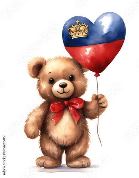 Obraz リヒテンシュタインの国旗のハート型風船を持ったかわいいクマのぬいぐるみ。白背景。(Cute teddy bear holding a heart-shaped balloon with the Liechtenstein flag on white background.)

