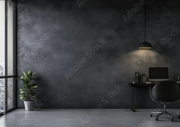 Fototapeta Modern dark office interior with city view, empty desk
