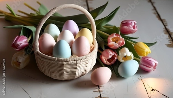 Obraz Easter Eggs and Tulips Still Life