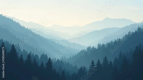 Obraz Fog locks, mountains, pine waves surging