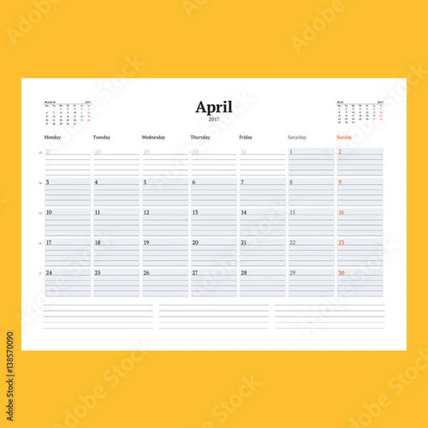 Fototapeta Calendar Template for April 2017. Week Starts Monday. Design Print Template. Vector Illustration Isolated
