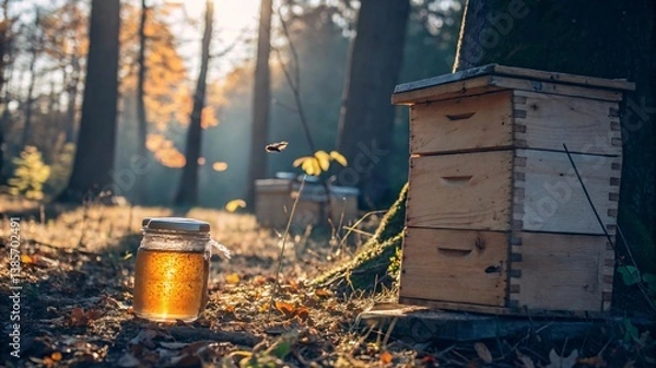 Fototapeta Golden Honey Jar in Sunlit Autumn Forest – Rustic Still Life V3