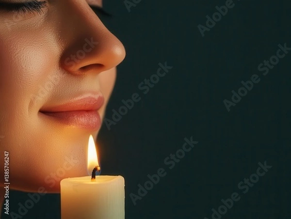 Fototapeta Gentle smile with luminous cheeks under soft candlelike lighting, freshfaced, warm and inviting