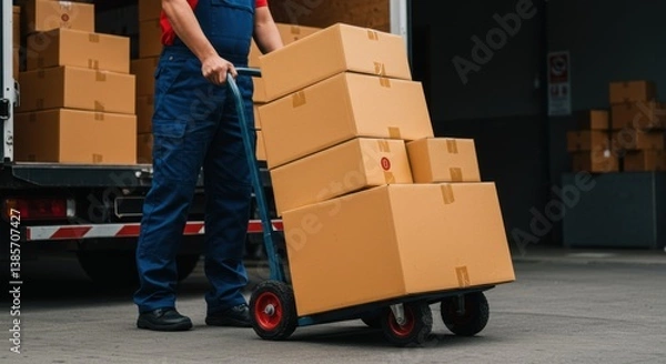 Fototapeta Delivery Man Uses Hand Truck Trolley Full of Cardboard Boxes and Packages, Loads Parcels into Truck / Van. Professional Courier / Loader helping you Move, Delivering Your Purchased Items Efficiently
