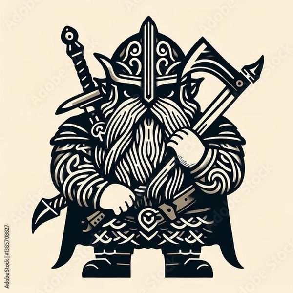 Fototapeta Digital drawing of a Viking warrior with sword and axe, bold monochromatic style