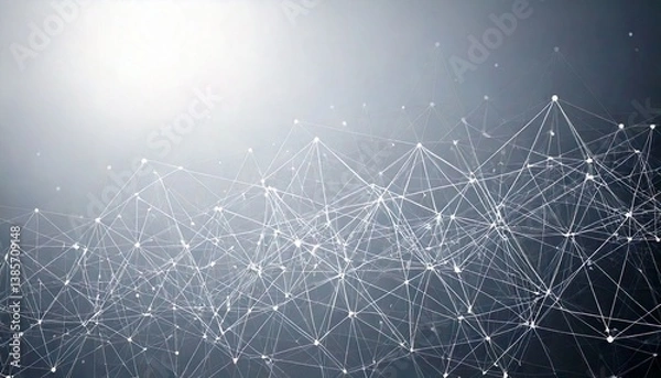 Obraz An abstract digital network with geometric patterns, interconnected dots, and subtle light flares on a white-to-gray gradient background. Suitable for business presentations