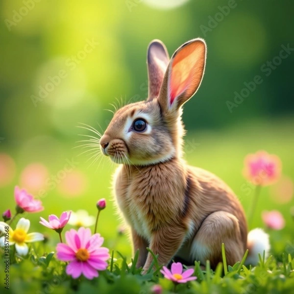 Fototapeta Bunny ears amidst colorful flowers in a field, easter eggs, grass