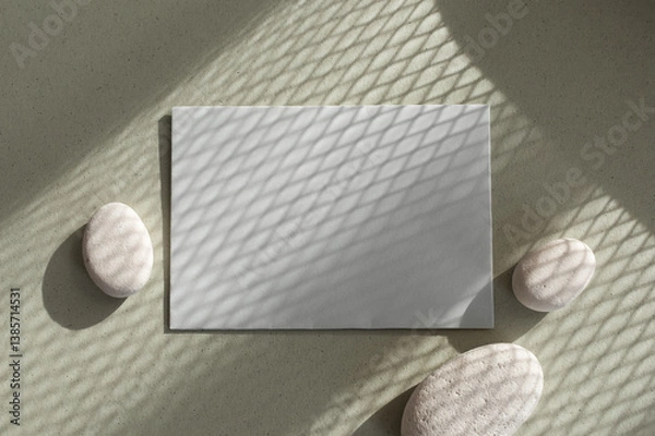 Fototapeta Empty paper card with white stones and sunlight shadows on pale green background. Aesthetic composition for minimalistic brand template in flat lay style.