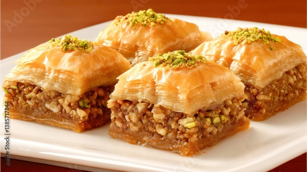 Fototapeta Collection of traditional Middle Eastern and Turkish baklava desserts in various shapes and colors, beautifully arranged on plates and trays, perfect for food and culture themes