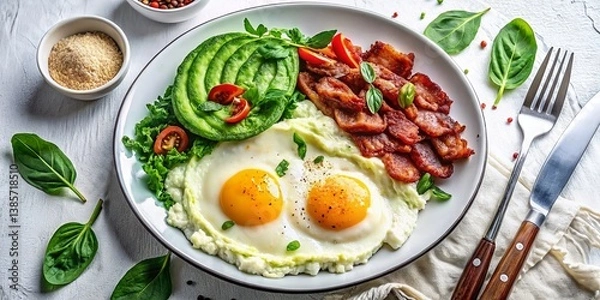 Fototapeta Keto Breakfast Plate: Sunny Side Up Eggs, Avocado, Bacon & Spinach - Top View Macro Photo