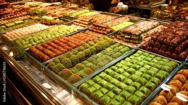 Fototapeta Collection of traditional Middle Eastern and Turkish baklava desserts in various shapes and colors, beautifully arranged on plates and trays, perfect for food and culture themes