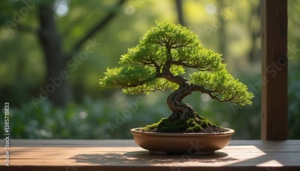 Fototapeta Serene Bonsai Tree On Wooden Table With Lush Greenery Background In Soft Light