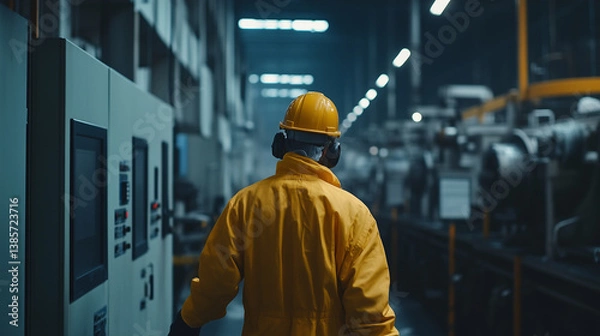 Fototapeta A factory manager wearing safety gear inspecting industrial machines in a modern manufacturing facility. The professional is checking equipment functionality and ensuring smooth pr