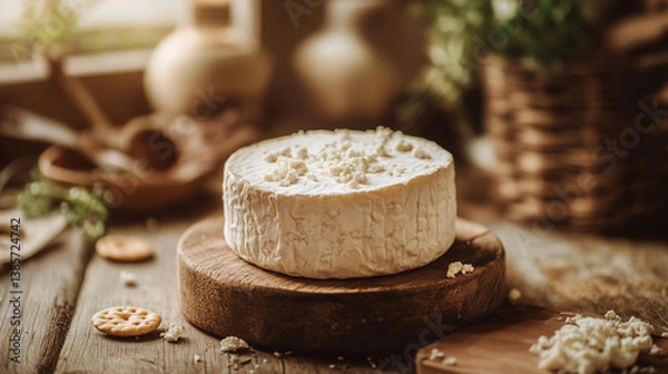 Obraz A rustic wheel of aged goat cheese with a crumbly texture, placed on a wooden table with natural light highlighting its rich flavors. Perfect for gourmet cheese boards, wine pairin
