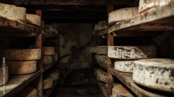 Fototapeta A traditional cheese aging room filled with rows of large cheese wheels maturing on wooden shelves. The space is cool and dimly lit, emphasizing the artisanal process of cheese aff