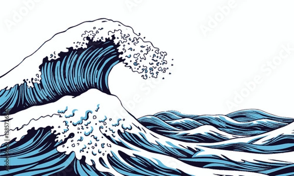 Fototapeta stylized illustration of ocean waves, featuring large cresting wave with white foam and various shades of blue, conveying sense of movement and energy