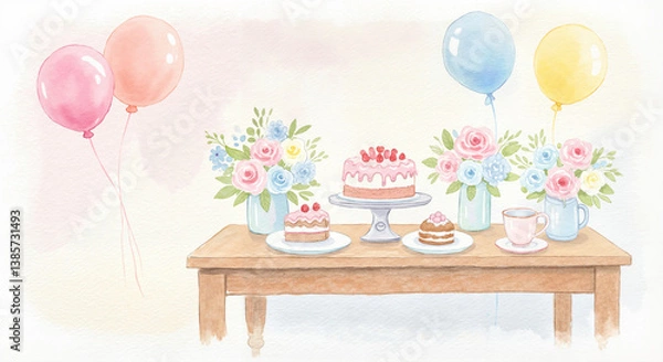 Fototapeta Watercolor birthday table with cake and flowers, pastel tones with copy space