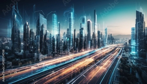 Obraz Futuristic urban landscape with glowing pathways and advanced technology interface