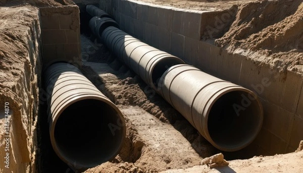 Obraz Installation of Underground Pipes for Sewage or Drainage System in Construction Site