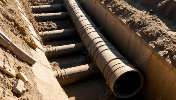 Obraz Laying industrial pipes into a deep trench surrounded by sand and soil