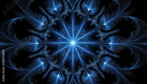 Fototapeta Abstract blue fractal symmetrical flower on a black background
