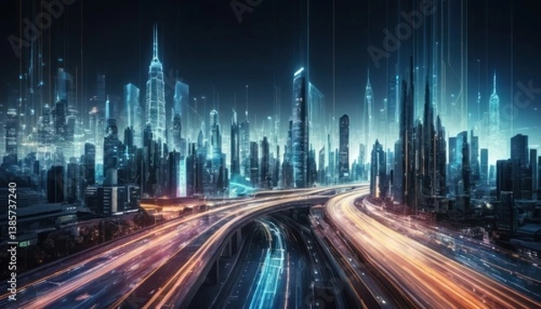 Obraz Futuristic city skyline with glowing streams of light and complex highways