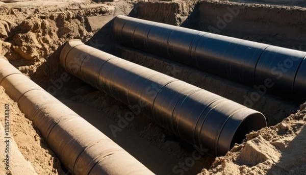 Obraz Construction site showcasing newly laid pipeline network beneath ground