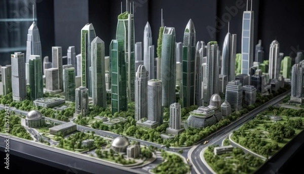 Obraz Futuristic cityscape model featuring sustainable skyscrapers and green spaces