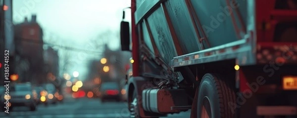 Fototapeta A close-up of a garbage truck on a city street at dusk.